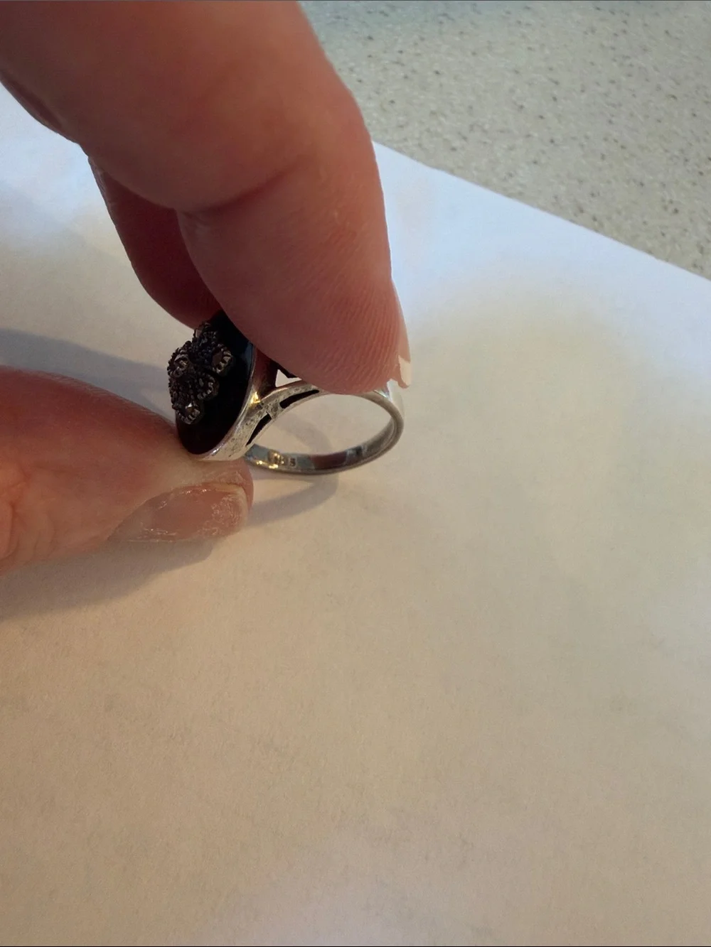 Vintage 1980’s Black Onyx-Style enamel and marcasite 925 ring. Size 7